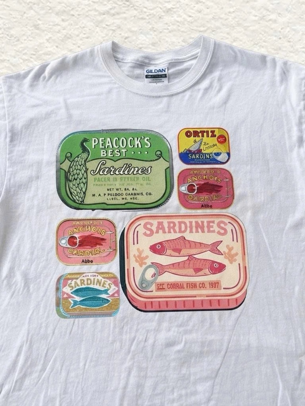Multicolor Sardine Can Collage Graphic White Tee